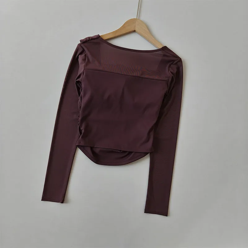 Damen Herbst-Winter Yoga Mesh Atmungsaktives Lauf-Sport-Langarm-Crop-Top mit Brustpolstern, Hochwertige Fitness-Oberteile – Detail 12