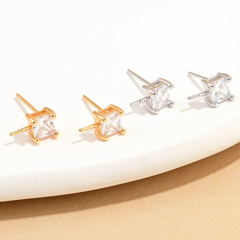 S925 Sterling Silver Color-Retaining Square Four-Prong Zircon Stud Earring Back DIY Bead-Adhesive Jade Earring Back :SE128