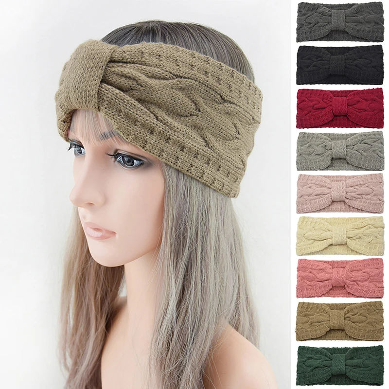 Winter Warmer Ear Knitted Headband For Women Outdoor Crochet Bow Wide Stretch Hairband Headwrap Hair Accessories Lady Turbans