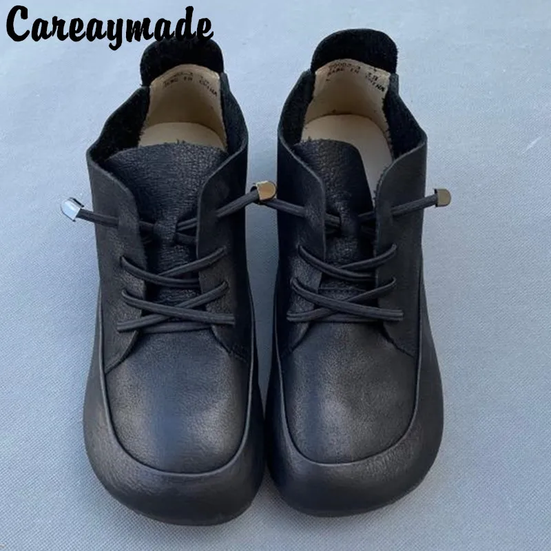 Careaymade-New Handmade 100% Genuine leather short boots elastic belt on casual women's shoes Vintage big head leather shoes