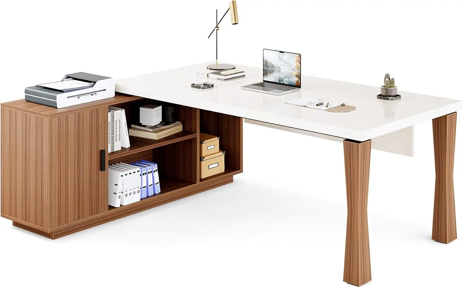 

71-Inch Executive L-Shaped Desk, Modern Home Office, White and Walnut, with Cabinet and Storage Shelves