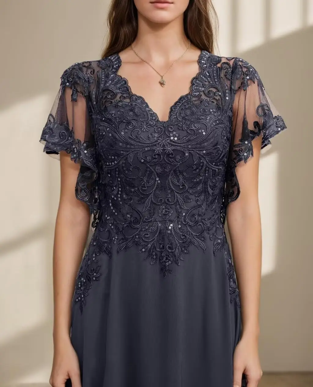 فستان شيفون مطوي بأكمام كشكشة للنساء ، فستان حفلة مسائية رسمي ، فساتين زفاف ، أم العروس ، زينة دانتيل