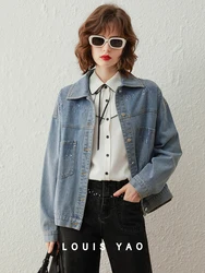 LOUIS YAO Women Denim Coat 2024 Fashionable Sequin Denim Jacket Turn Down Collar Long Sleeve Loose Fit Women's Top