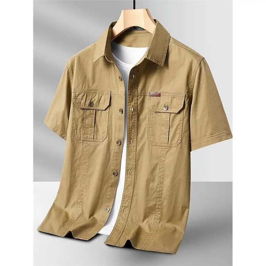 Men's Casual Loose Short Sleeve Work Shirt Outdoor Breathable Cotton T-Shirt Pocket Design Summer Fashion Leisure Shirt