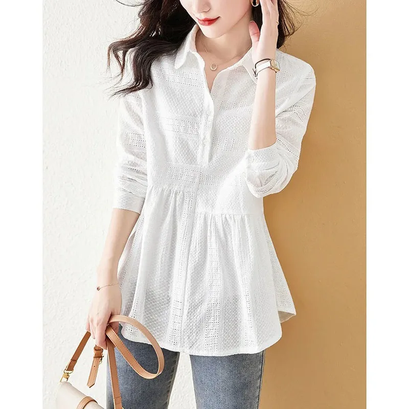 Fashion Solid Color Button Spliced Hollow Out Blouse Women\'s Clothing 2022 Autumn New Casual Pullovers Loose Office Lady Shirt