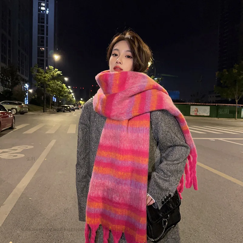 Winter Scarf for Women Cashmere Warm Striped Pashmina Blanket Wraps Female Thick Soft Wear Tassel Shawl Long Poncho T422