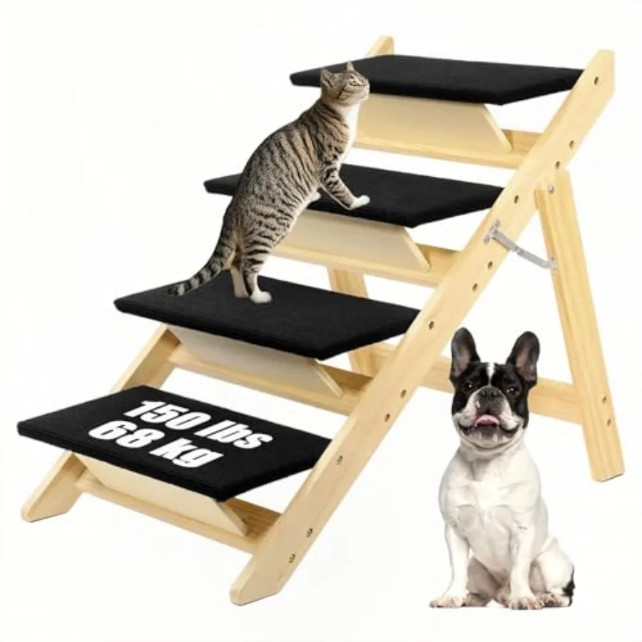 

Foldable Wooden Dog Stairs with 4 Steps for Small Medium Large Dogs - Black Durable Pet Ramp for Easy Access and Comfort