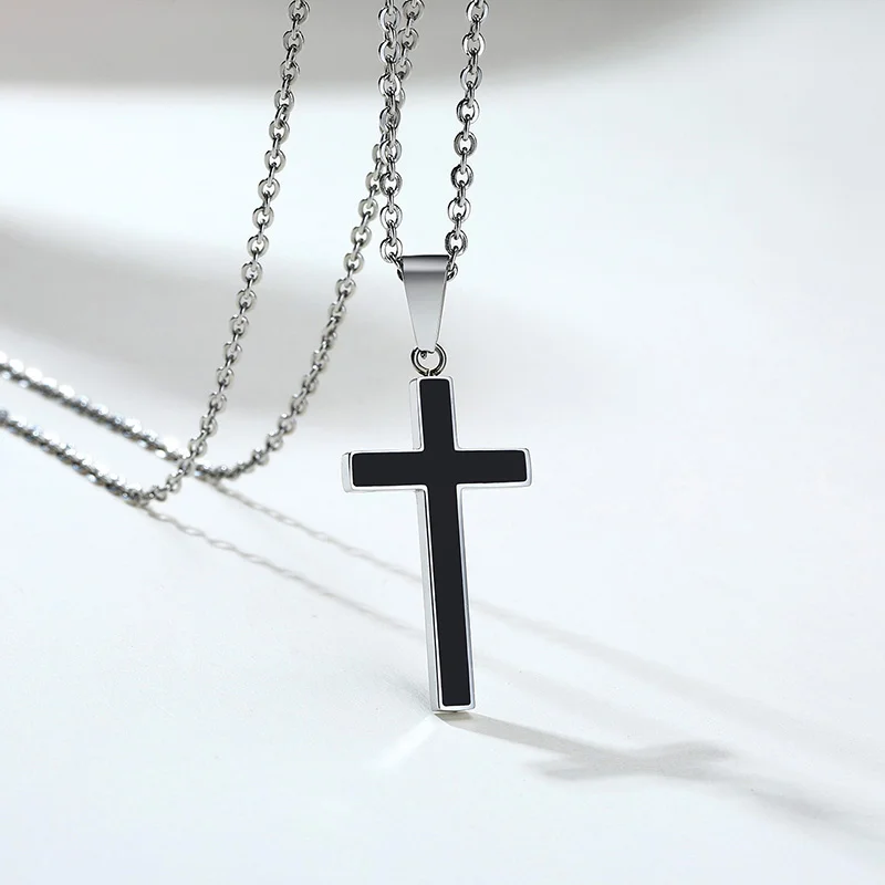 Vnox Minimalist Cross Pendants for Men Black Stainless Steel Necklace Jesus Christ Jesus Prayer Church Jewelry