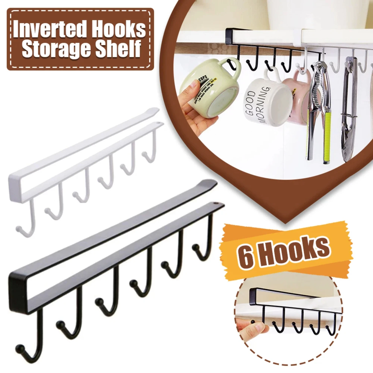 Organizer Storage Rack with Hooks for Mug Cup Utensils, Iron Metal Under Shelf Wardrobe Bathroom Kitchen Hanging Shelves Organiz