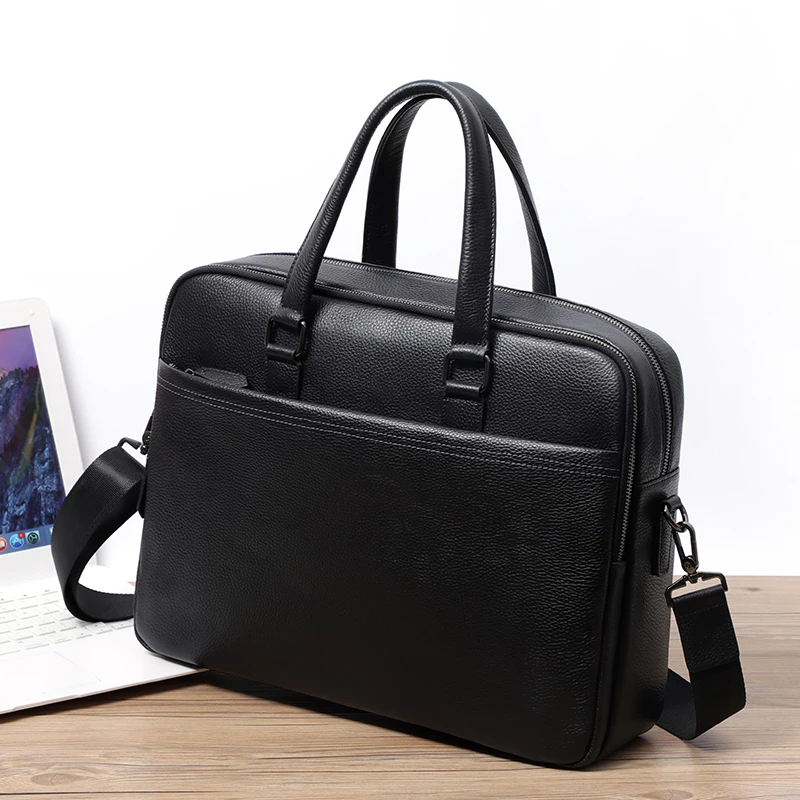 Double Zipper Men Bags Genuine Leather Men Briefcase Bag Business Leather Laptop Bag Shoulder Fashion Office Male Handbag Large