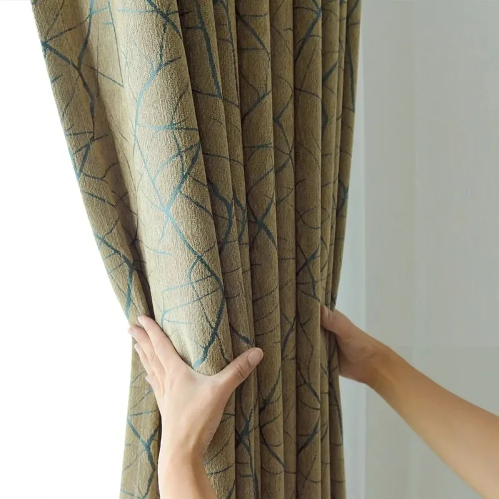 New Thicken Chenille Blackout Curtain For Living Room Bedroom Luxury Jacquard Striped Velvet Green Heat Insulation Window Drapes
