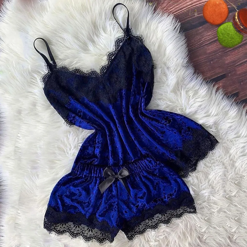 New Women Sexy Lingerie Camisole Bow Shorts V-Neck Tops Velvet Pajamas Sleepwear