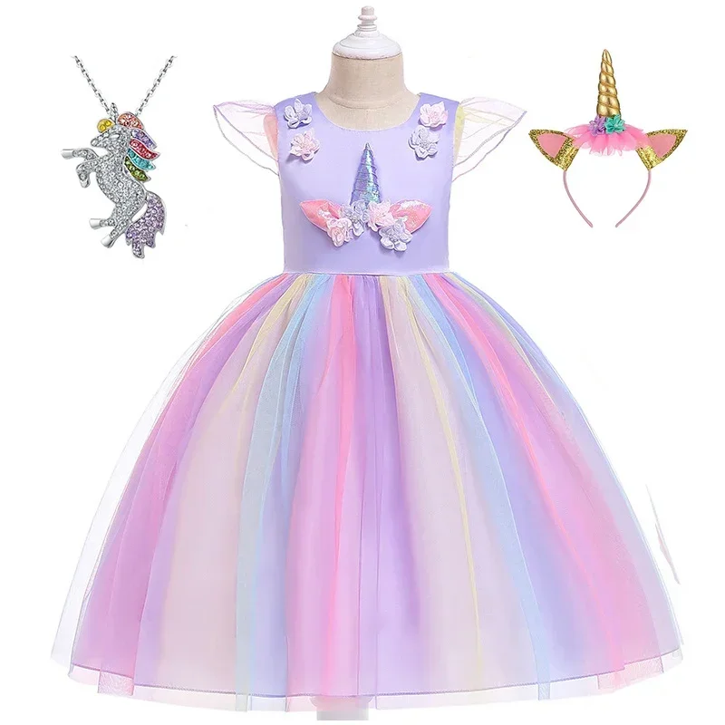 Girls Costumes Princess Birthday Party Dresses Kids Rainbow Flower Dress With Unicorn Headband And Necklace 3-10Year MN7