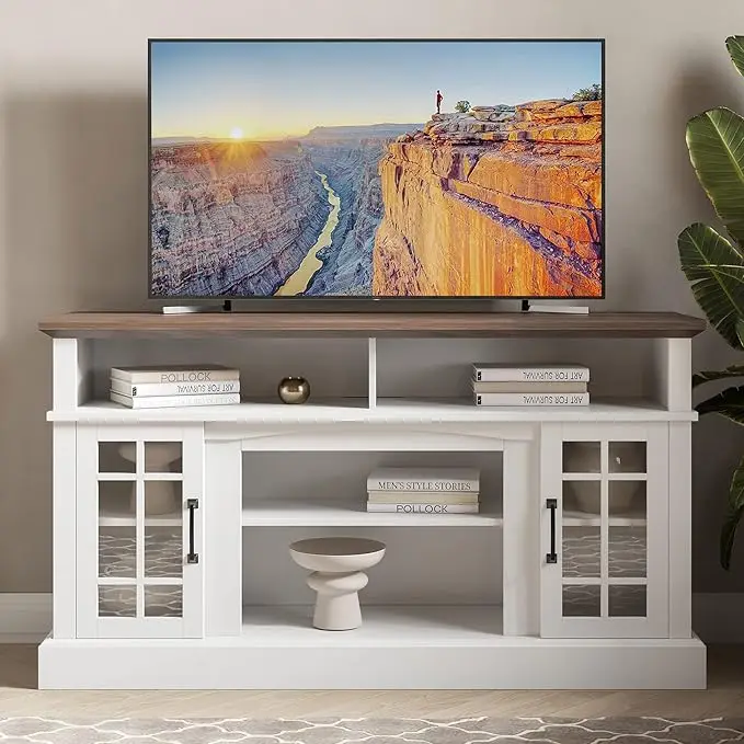 Soporte para TV de 58 pulgadas, centro de entretenimiento de madera rústica para televisores de hasta 65", mesa consola multimedia contemporánea con dos estantes abiertos
