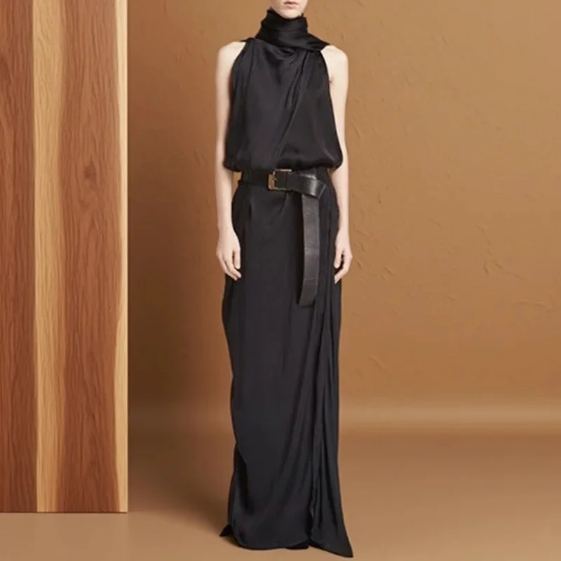 

Elegant Slim Fit Sashes Waist Irregular Vacation Dress Chic Solid Folds Office Lady Dress Summer Turtleneck A-Line Party Dresses