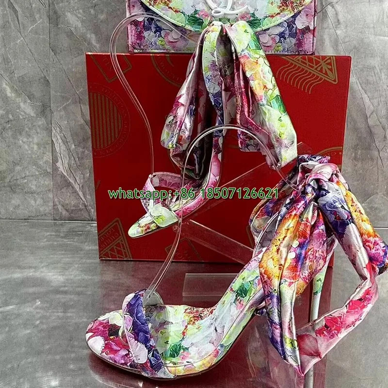 Printed Round Toe Ankle Strap Stiletto High Heels Open Toe Large Size Women\'s High Heels