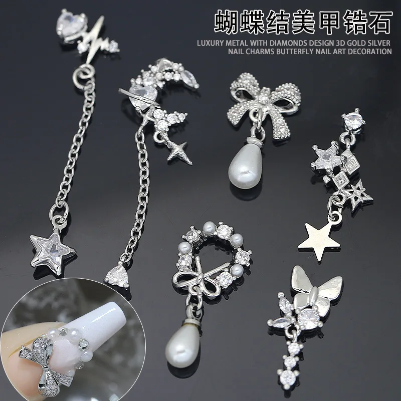 2PCS Luxury Zircon Silver Ribbon Bow 3D Nail Art Charms Glitter Pearl Star Moon Pendant Rhinestones Decor Manicure Accessories