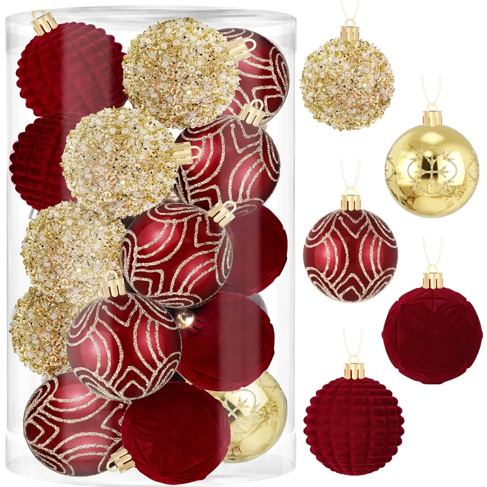 Christmas 25 Pieces Bow Velvet Christmas Tree Decoration Balls Shatterproof Stamping Red Flocking Painted Balls
