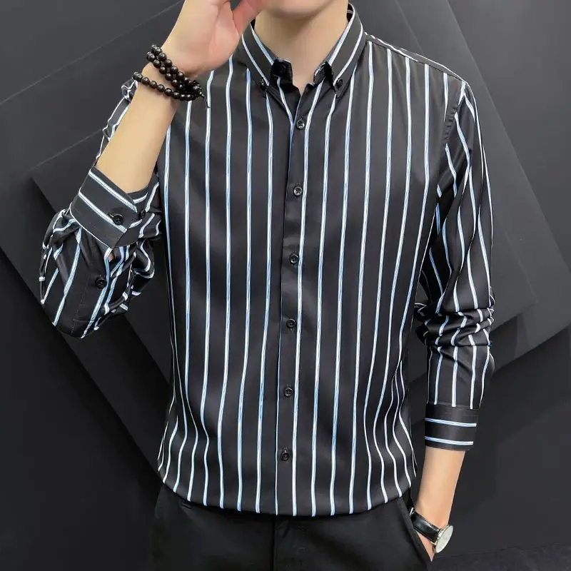 Camisa masculina de manga comprida grande, listrada com lapela, moda casual, versão coreana da moda, nova, primavera e outono, 2024