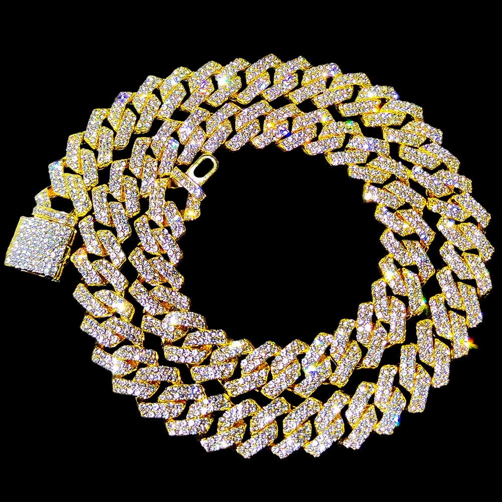 16/18/20/22/24inch Gold Color Cuban Link Chain for Women Men 2 Row Rhinestone Rhombus Prong Cuban Necklaces Hip Hop Jewelry