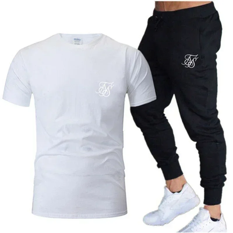 2024 New Sik Silk Men\'s Summer Casual T-shirt + Pants Two Casual Tracksuit Suit Men\'s Sports Fitness Brand Clothing Sports Suit