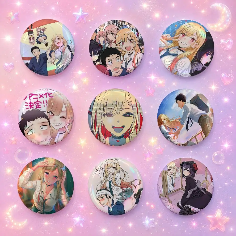 My Dres-s- Up Da-rling Anime Cute Cool Round Pin Badge Set For Music Cartoon Fans Backpack Denim Jacket Hat Decoration