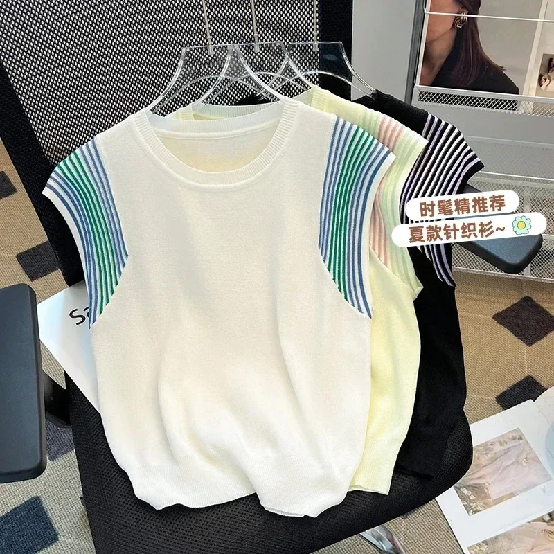 Summer Knit Vest Women T-shirt Vintage Korean Fashion O-neck Pullover Striped Sleeveless Sweater Tank Crop Top Ladies Waistcoat