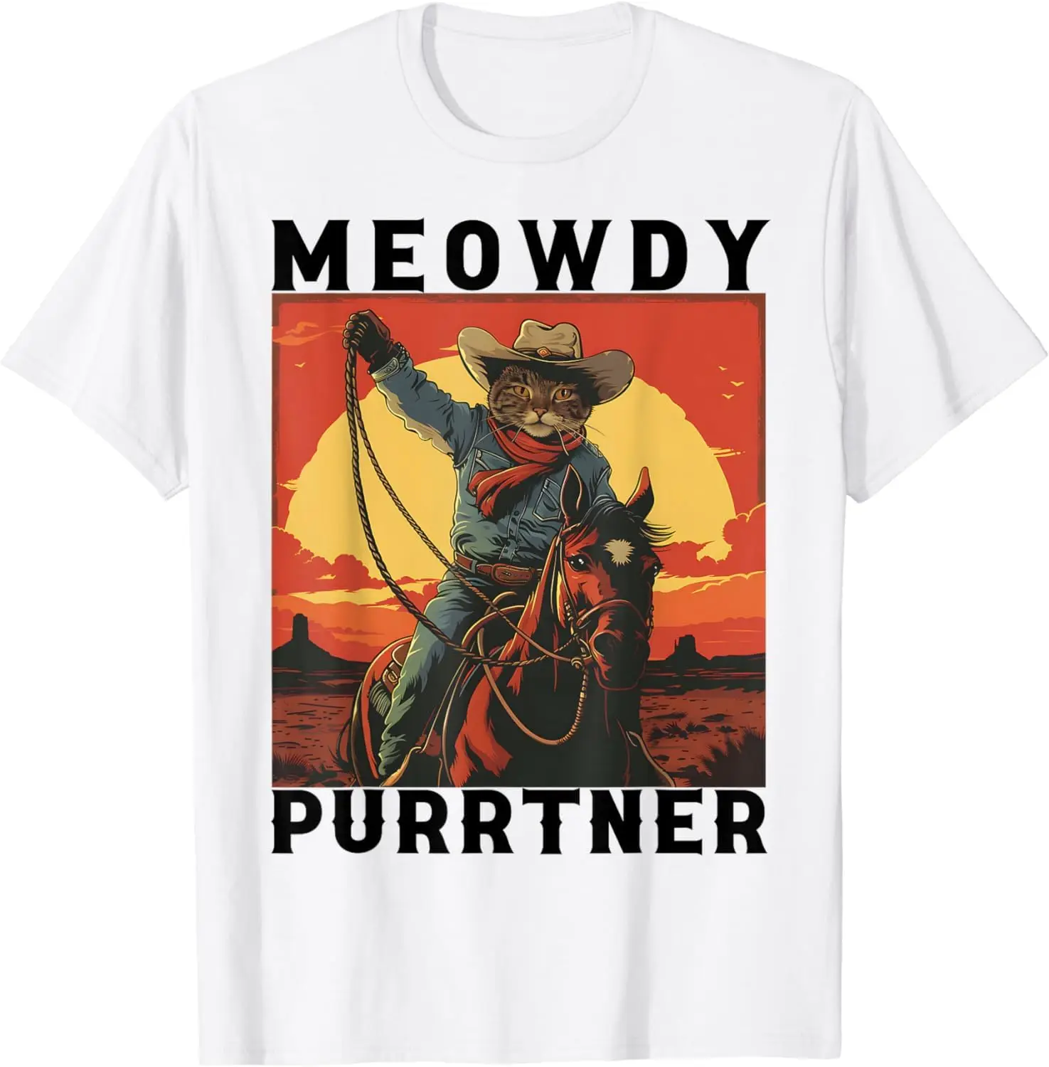 Meowdy Partner Meme Cat Meowdy Cowboy Cat Saying T-Shirt Unisex T-shirts For Men Women Summer Tees Cotton Luxury Brand