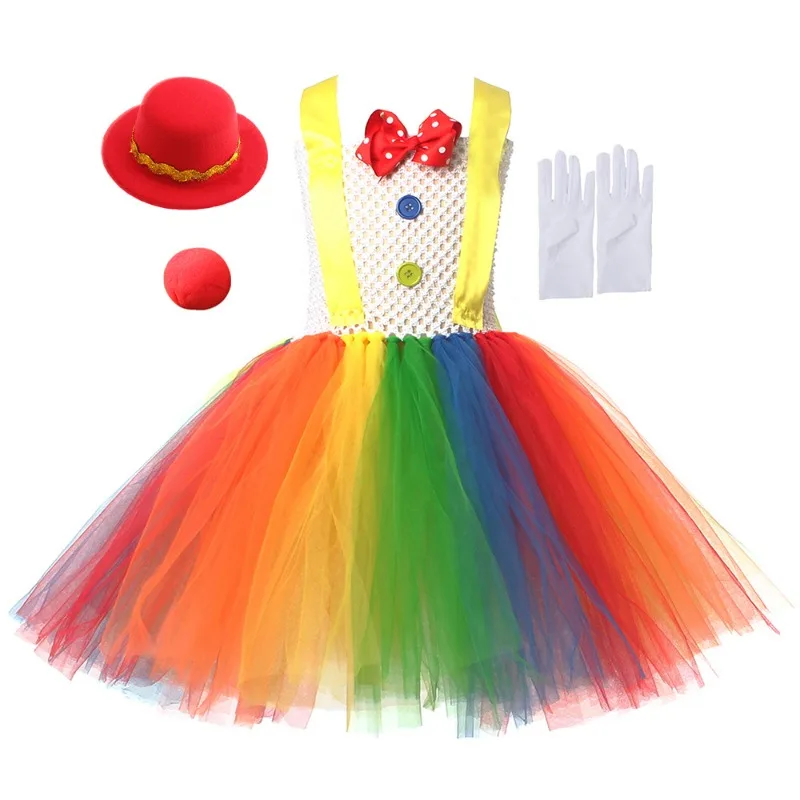 Halloween Cosplay Costume Rainbow Clown Sleeveless Dress Accessories Suits Performance Party Role Playing Outfits for Girls