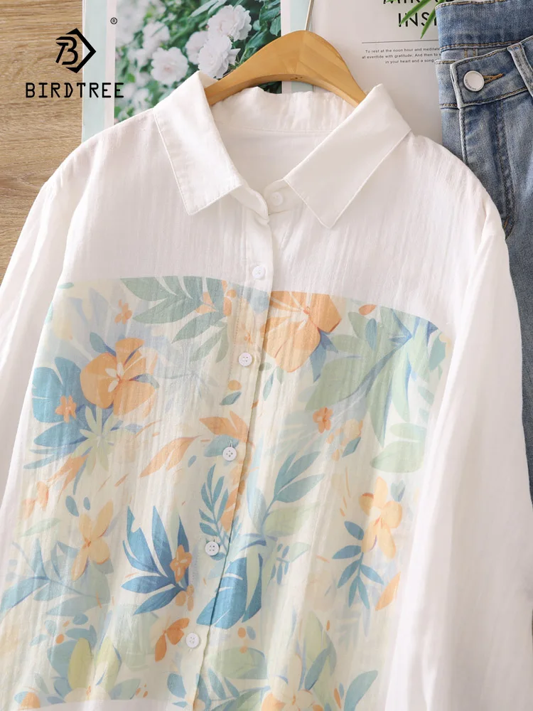 

New Spring Cotton Long Sleeve Shirt, Women Lapel Watercolor Printing Top, Mori Girl Casual Versatile Loose Blouse, 2025 T4D912CC