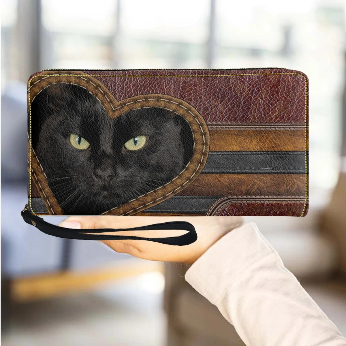 

Black Cat Animal Design Personalized Women Wallet Long Travel Ladies Purse with Zipper Casual Multifunction Card Holder Woman