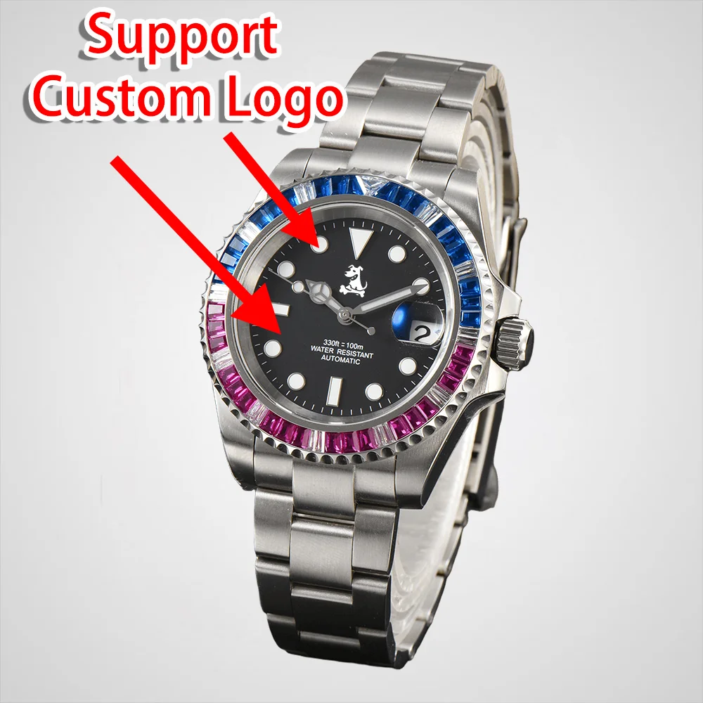 Custom Logo NH 34 Movement Watch Automatic Mechanical Stainless Steel Watches Case/Band Color Diamond Bezel Sapphire Glass