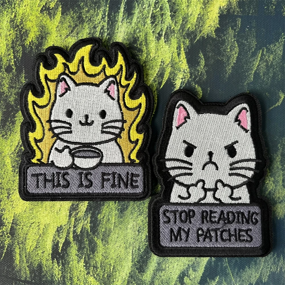 

Coffee Drinking Cat Embroidery Patches Tactical THE IS FINE Morale Badge Backpack Hook and Loop Stickers