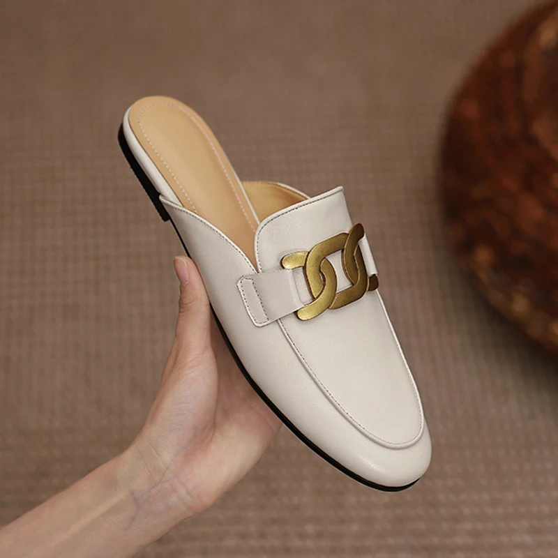 

Shoes Woman Chunky Heels Mules Metal Decoration Slides Closed Toe Sandals Shallow Low Heel Slippers Slip on Flip Flops Big Size