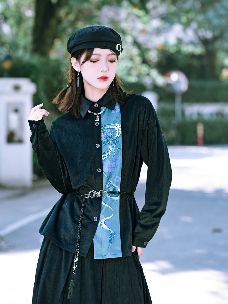 New Chinese Splicing Printed Blouse Design Sense Retro National Style Casual Blouse Long-sleeved Top Autumn Winter Loose Shirt