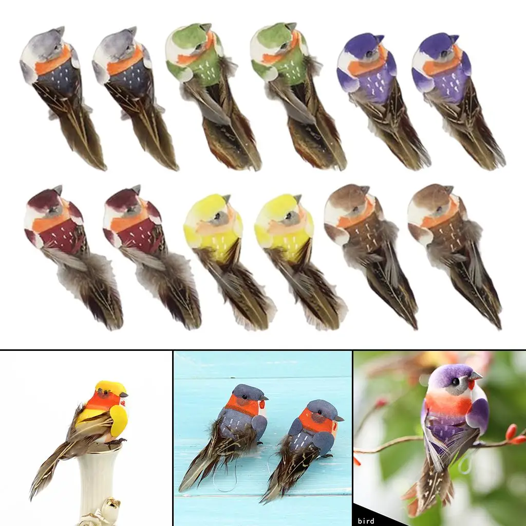 Mini Artificial Feather Birds Figurine Perched Woodland Model for Garden Statue Christmas Tree Ornament Craft