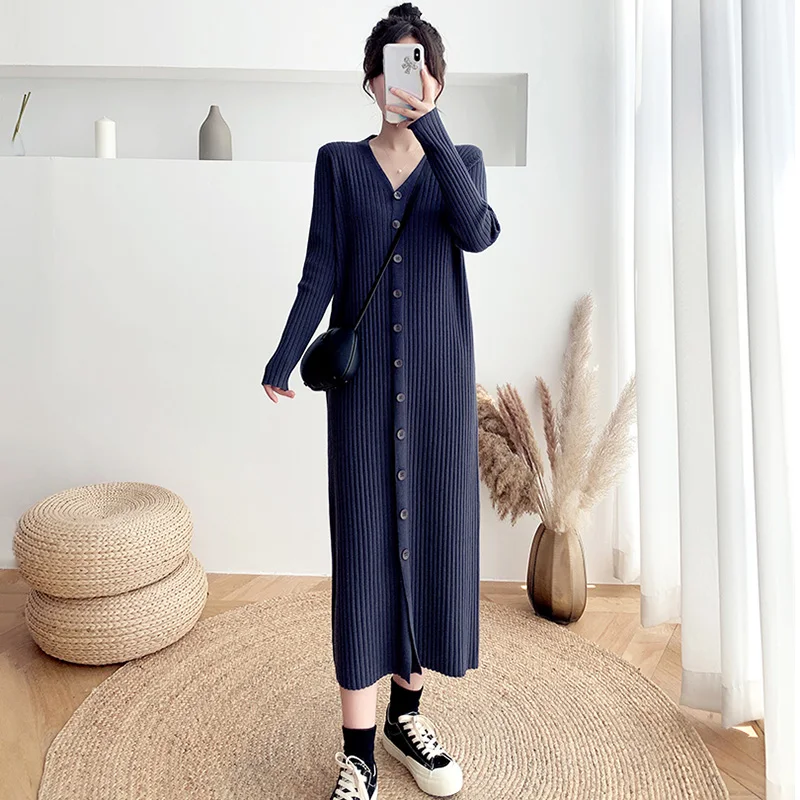 New Women Long Sweater Dress Autumn Winter Fashion V-Neck long Sleeve Single Breasted Knitted Dress Simplicity Casual Sweater