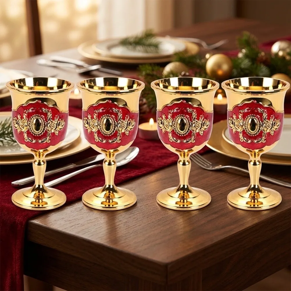 Stemmed Liquor Tasting Cups Metal Goblet Shot Glasses For Home Drinking 3.5*6.6CM Exquisite Embossed Floral Pattern