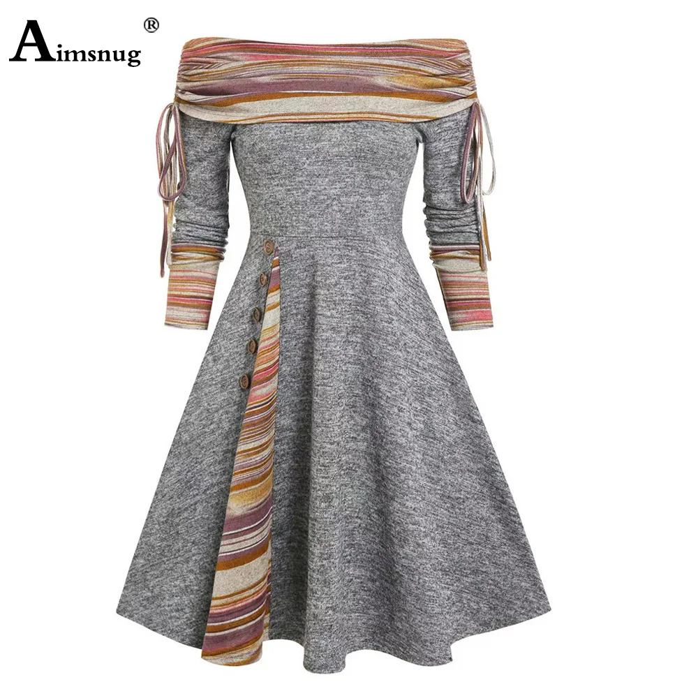 2025 Women's Scarf Collar A-line Party Dress Vintage Striped Print Befree Dress Plus Size Women Elegant Knee-Length Dresses New