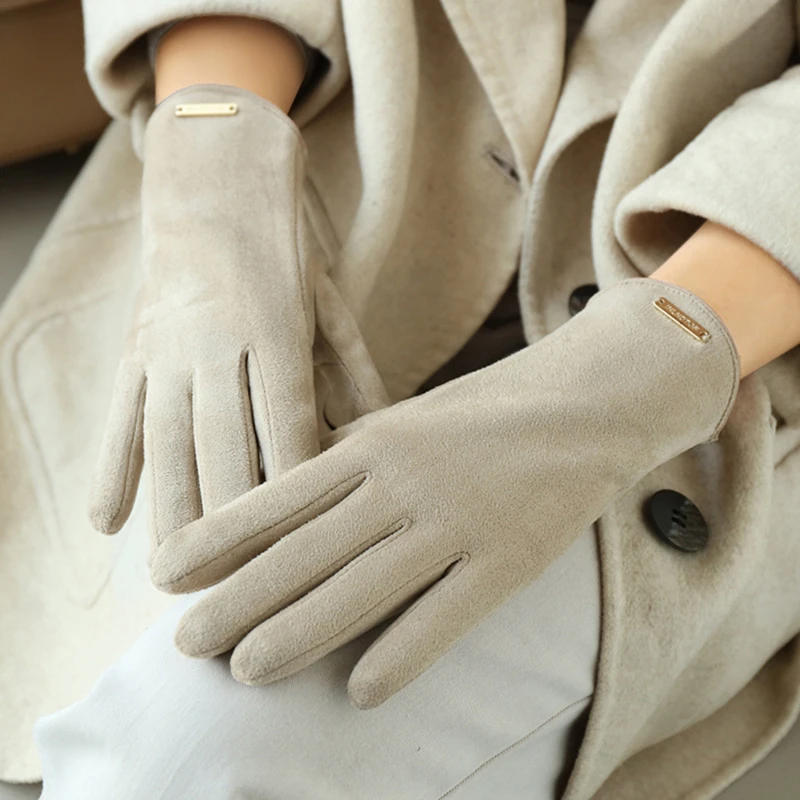 Women Touch Screen Gloves Autumn Winter Keep Warm Mittens Thin Cashmere Solid Cycling Drive Suede Fabric Elegant Windproof New