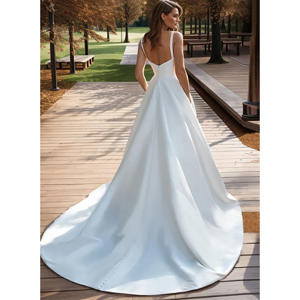 Cheap Wedding Dress Customized Spaghetti Straps Sweetheart Sleeveless Pleated Satin Floor-Length A-Line Sweep Train Bridal Gown