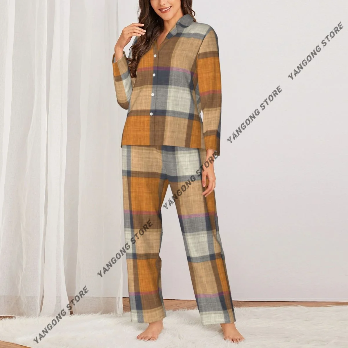 Women Sleepwear Pajamas Plaid Traditional Warm Checkered Texture Long Sleeve Pijama Female Set Negligee Cardigan Suit