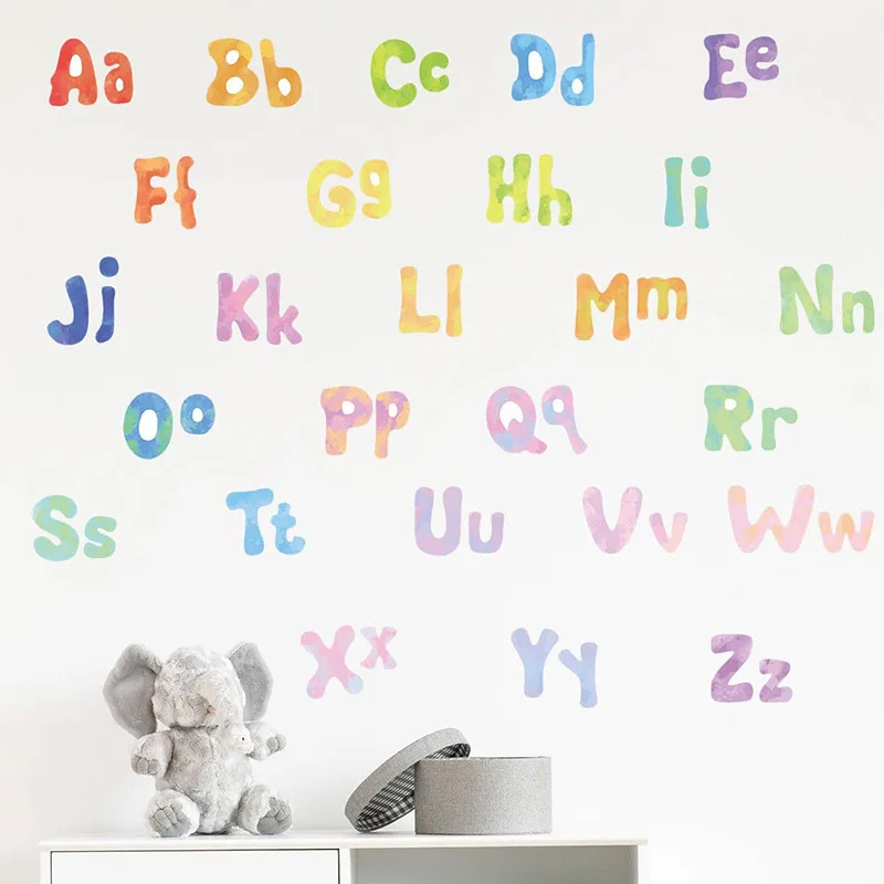 26 English Letters Wall Sticker PVC Self-adhesive Vinyl Murals Watercolor Alphabet Decals Kids Room Kindergarten Nursery Decor