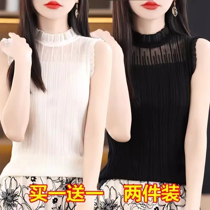 

Летний вязаный жилет без рукавов с кружевным воротником, женская модная универсальная базовая рубашка с текстурой под дерево, в корейском стиле, свободного кроя