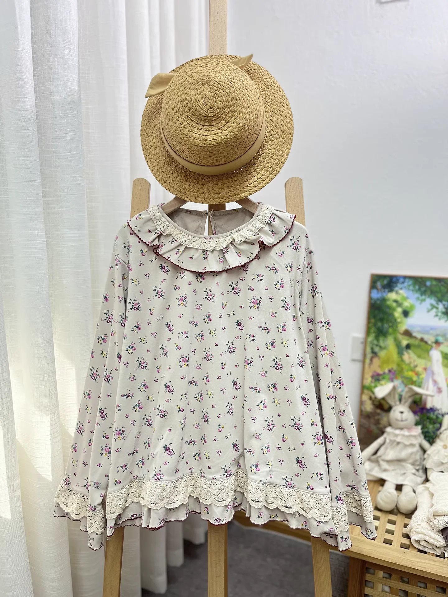 

Bust 124cm Mori Kei Clothing Japanese style sweet pure cotton print long sleeve shirts lace patchwork backing shirt