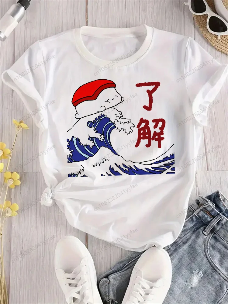 Mode dames T-shirt été mode T-shirt décontracté blanc drôle dessin animé Sushi imprimé T-shirt Hip Pop hauts T-shirt