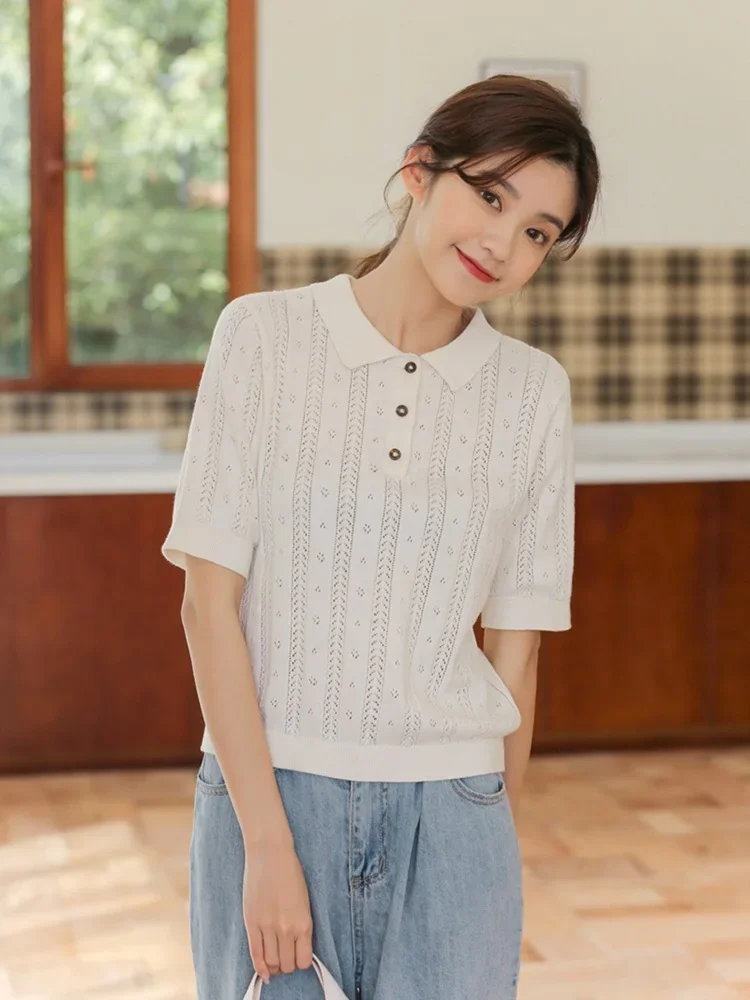 

Fashion 100% Cotton Women Hollow-out Sweater T-shirt Short-sleeve Polo Collar Pullover Tees Korea Casual Knitted Tops L228