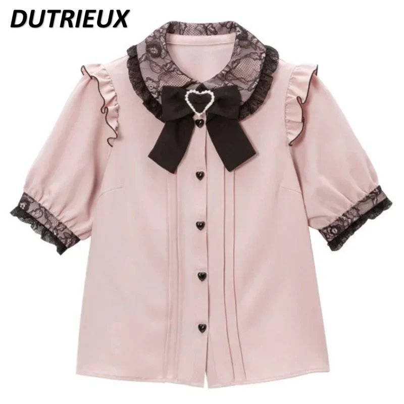 Lolita Clothes Girls Sweet Bow Lace Solid Color Blouse 2025 Spring Summer Cute Woman Japanese Style Tops Rojita Shirts