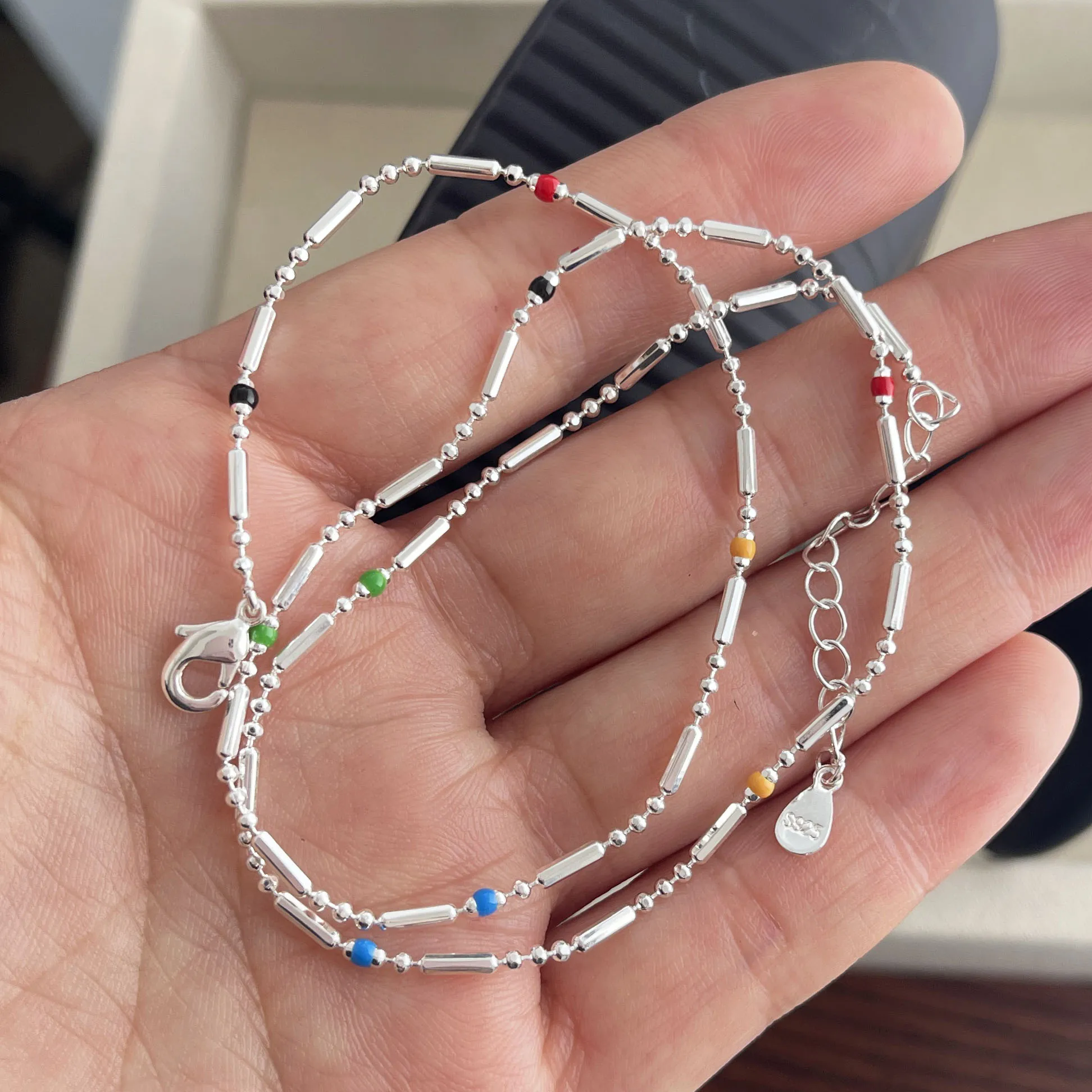 S925 Sterling Silver Necklaces For Women Simple Minimalist Colorful Beads Pendant Necklaces Simple Snake Necklace Birthday Gift