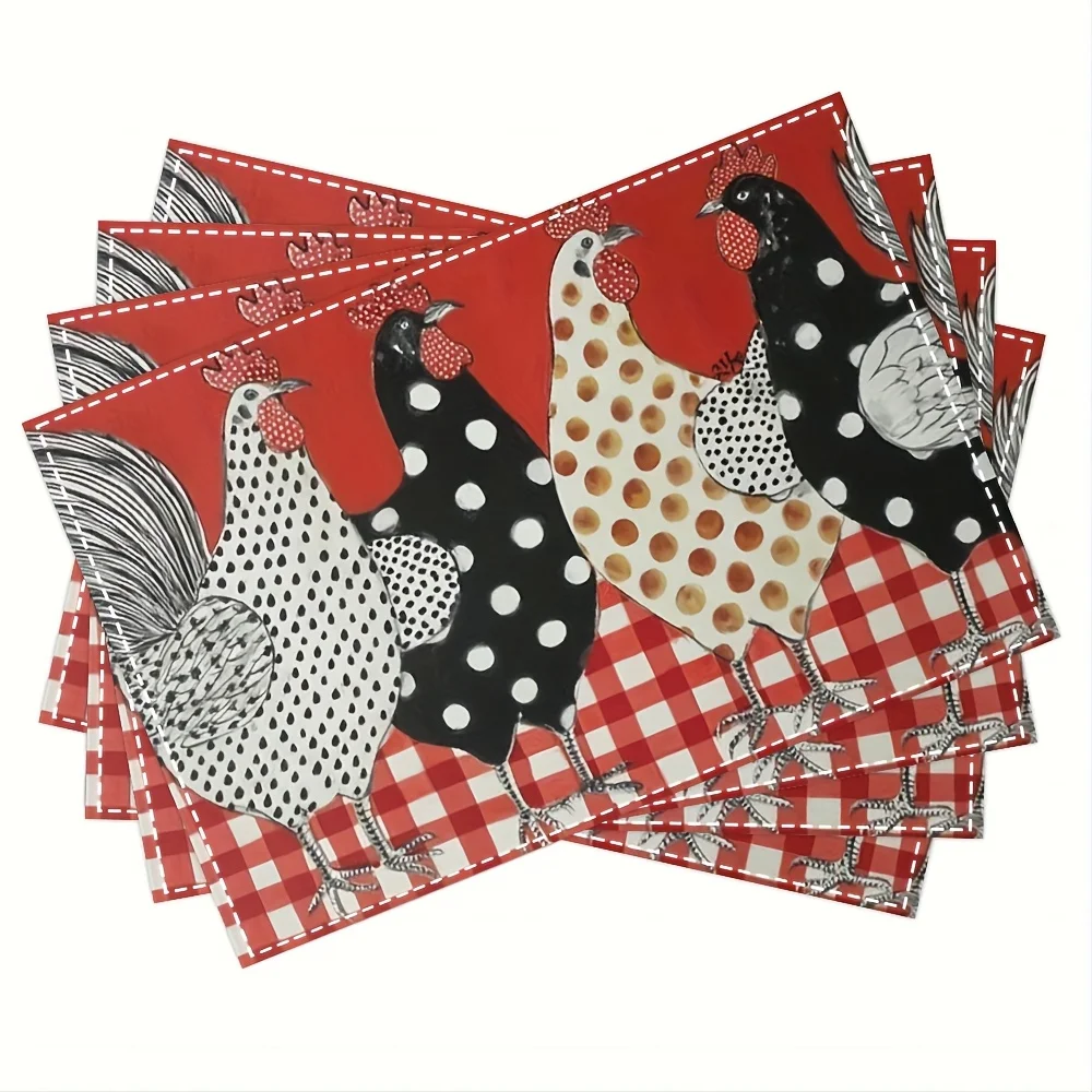 Rooster and Chicken Placemats Set of 4 Farmhouse Style Table Mats with Polka Dot Design Red Gingham Border Washable Linen Look